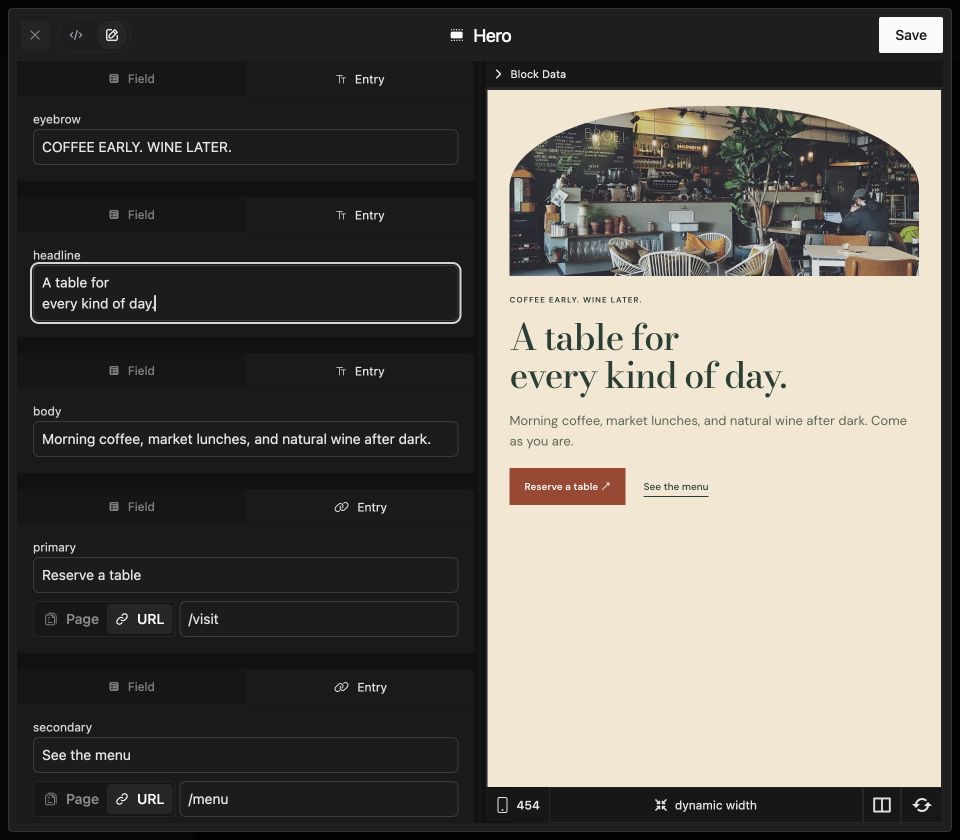 The Primo editor showing the Maison Verde hero fields beside a live desktop preview.