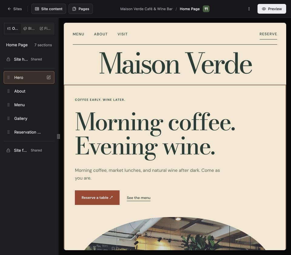 The Primo editor with the Preview site dialog over the Maison Verde home page.